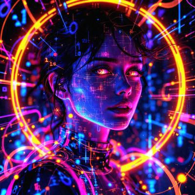 The primary subject of the image is a woman with a unique and futuristic appearance. She is wearing a black shirt and has a distinctive look, possibly due to her eyes being described as "glowing." The setting of the image is a dark room, which adds to the overall atmosphere. The visual style of the image is digital art, as it features a woman with a halo and a background of neon lights. The colors and mood of the image are predominantly dark and mysterious, with the ne
